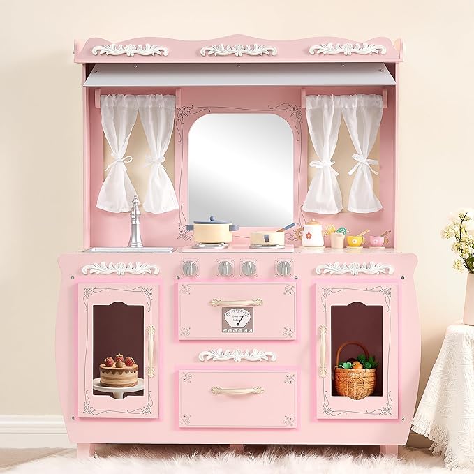 Kids Kitchen playset，Wooden Play Kitchen with Realistic Design，Kids Play Kitchen with Plenty of Play Features，Fine Gift for Ages 3+,Pink