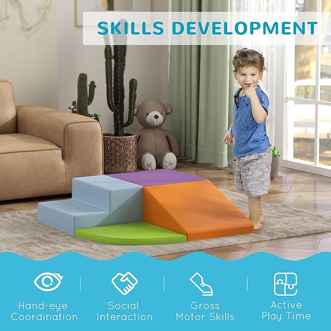 Qaba Foam Play Set for Toddlers and Children, Easy-to-Clean 4 Piece Soft Indoor Climber & Safe Kids Climbing Set for Crawling or Sliding, Assorted