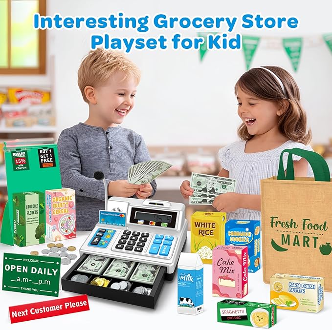 Calculator Cash Register Toy Gift for Kids Age 3, 4, 5, 6, 7, 8+ Year Old, 120 Pcs Grocery Store Playset with Toy Cash, Grocery Boxes， Microphone, Play Cash Register for Toddlers 4-8, Silvery