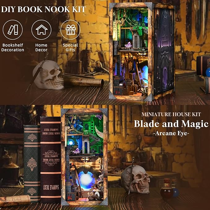 Book Nook Kit, DIY Miniature Dollhouse Booknook Kit, 3D Wooden Puzzle Bookend Bookshelf Insert Decor with LED Light for Teens and Adults (Blade and Magic)