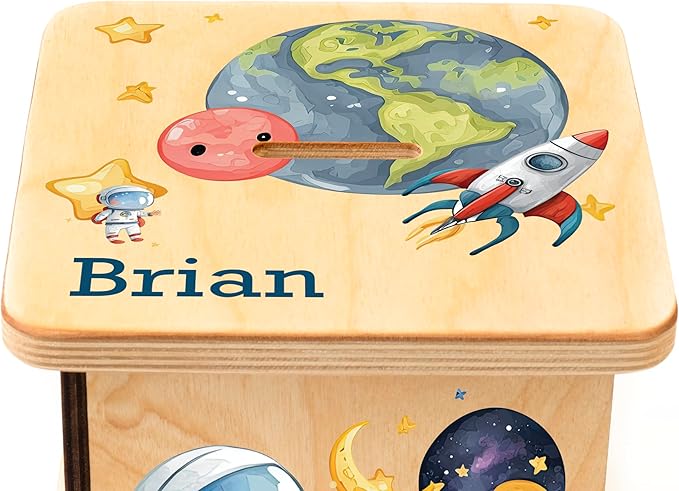 Wooden Piggy Bank for Kids and Adults, Personalized Gift Handmade in USA by BloomOwl, Custom Piggy Bank, Personalized Banks for Kids, Gifts for Baby Boys and Girls (Astronaut)