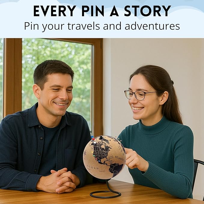 Mini Cork Globe 7.5" Tall | World Travel Map with Metallic & Colored Push Pins | 3D World Map Pin Board for Home or Office | Unique Gift for Travelers, Couples & Families Push Pins Map