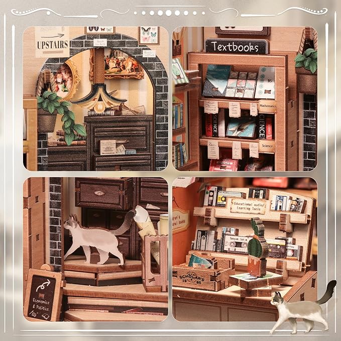 CUTEBEE DIY Book Nook Kit, Miniature House Kits for Adult and Teens, DIY Miniature Book Nook kit with Sensor Led Light, Gifts for Lovers and Family (The Scholar's Bookstore)