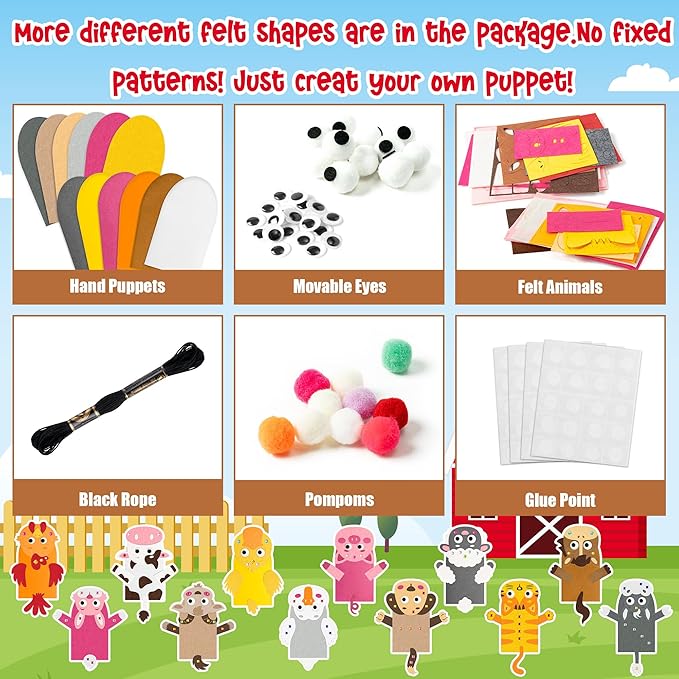 WATINC 12 Pcs Hand Puppet Making Kit, Art Craft Felt Sock Puppet Toys, Creative DIY Make Your Own Pompoms Wiggle Googly Eyes Storytelling Role Play Party Supplies Gift for Girls Boys (Farm Animals)