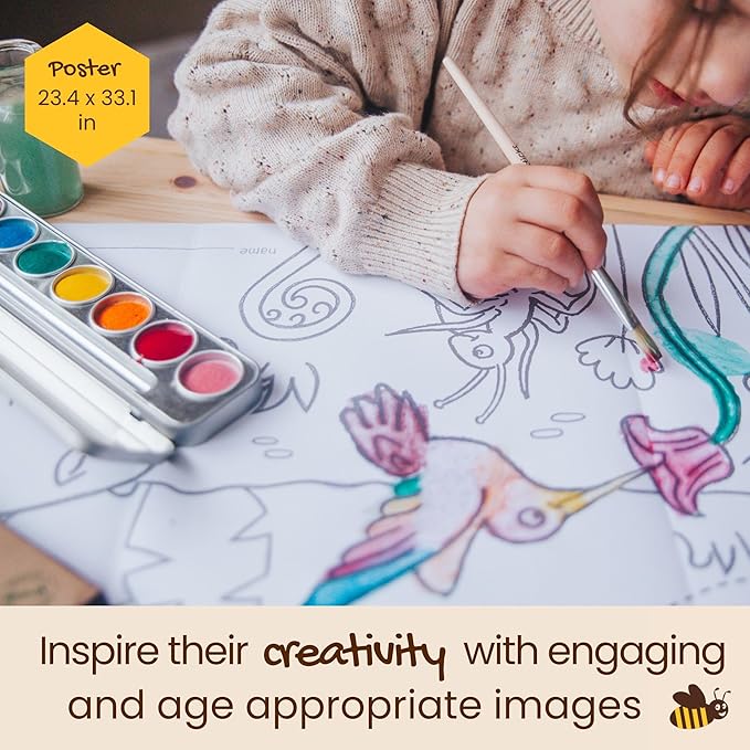 Honeysticks Kids Activity Set - 4 Giant Painting Posters Plus Non-Toxic Watercolor Paint Set with 8 Vibrant Colors and Paintbrush, Educational Painting Kits for Kids, Gifts for Ages 3-5