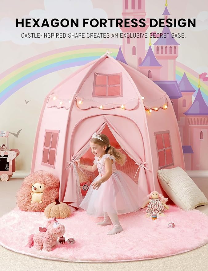 besrey Hexagonal Kids Play Tent, Large Children's Fort with Star Lights, Easy Setup for Indoor Outdoor Playhouse, Gift for Boys Girls, Pink