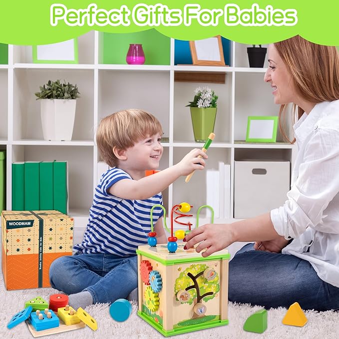 Wooden 7-in-1 Activity Cube| Montessori Toys for 1 2 3 Year Old Toddlers| Baby Educational Developmental Toys |One Year Old Boys Girls First Birthday Gifts |Bonus Sorting & Stacking Board