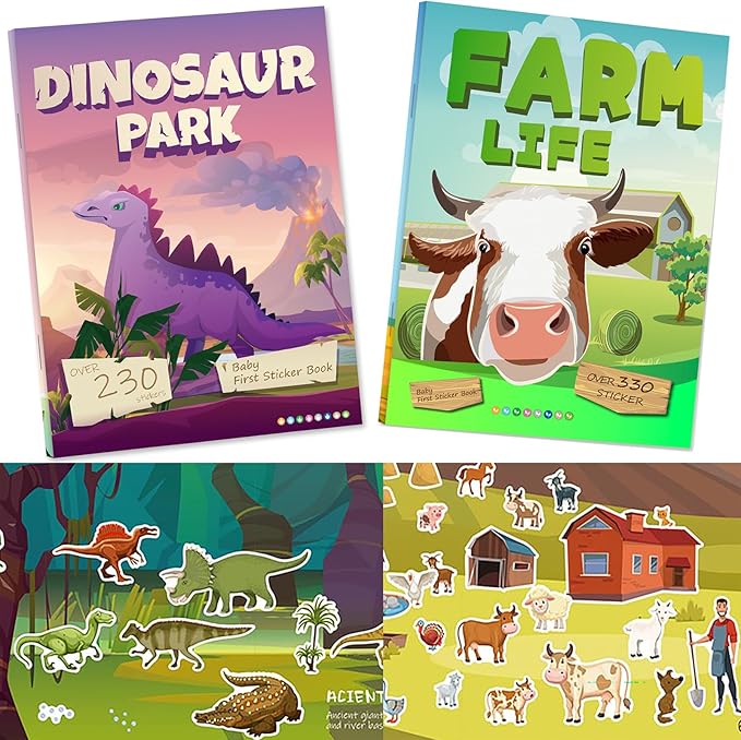 Sticker Book for Kids, 230+ Dinosaur & 330+ Animal Farm Stickers & 16 Scenes, Reusable Activity Sheet, Seek Find Sticker Coloring Pad, for Boys Girls Toddlers Ages 2-4 4-8 Years Old 3-5 6-7