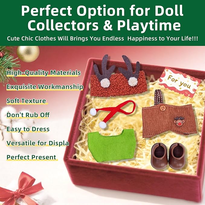 17cm Doll Clothes Set (No Doll), 5 Pieces Outfit Set for 6.7inch Dolls Suit, Stylish Adorable Dolls Christmas Clothes Accessories,Includes—Moose hat + Scarf + Top +Overalls+ Shoes(Style G)