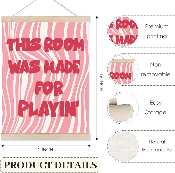 Koesus Girly Playroom Wall Art Poster Hanger Frame 12x16 Inch, Pink Preppy This Room Was Made for Playin Canvas Pictures Prints Framed Wall Decor for Toddler Girls Room Nursery Bedroom Playroom