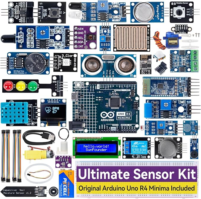 SunFounder Ultimate Sensor Kit with Original Arduino Uno R4 Minima, RoHS Compliant, Durable Sensors IoT ESP8266 IIC LCD1602 OLED, Online Tutorials & Video Courses for Beginners & Engineers