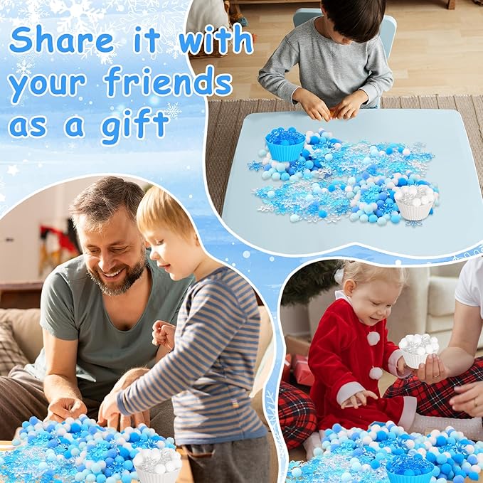 700PCS Winter Sensory Bin Items Christmas Sensory Bin Filler 240 Pompoms 450 Resin Snowflake 6 Cups 6 Tweezers 1 Storage Box for Winter Xmas Sorting Counting Training Preschool Education Activities