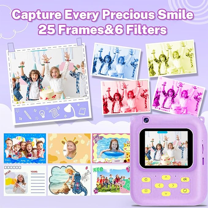 Instant Print Camera for Kids, 1080P Video Camera with 3 Print Rolls, 32GB Card & Cute Cover, Gift for Girls Boys Age 3-12, Toddler Digital Camera with Games, Filters, Music – Purple