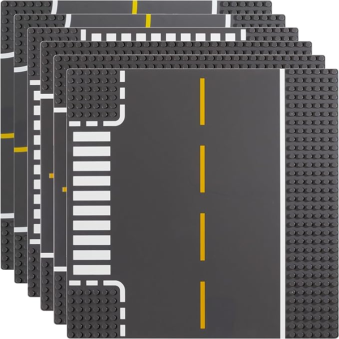 Apostrophe Games Road Baseplate – Premium Building Blocks Base Plates Compatible with All Major Brands – 6pcs Baseplate Gray with Road Design – Straight, Curve, Crossroad, T-Junction