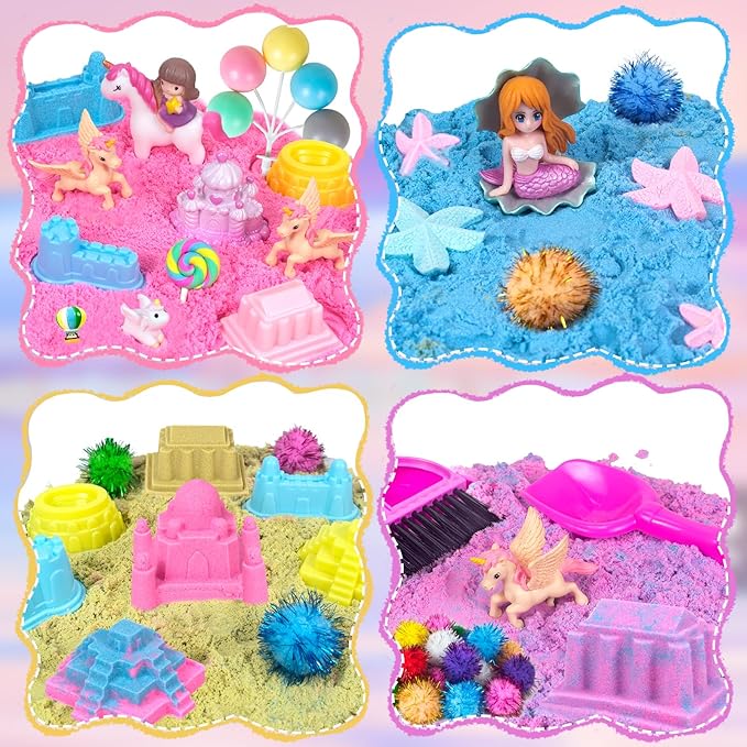Unicorn Sensory Bins for Toddlers,Sensory Toys Play Sand Art Kit with Sandbox & Sand Castle Molds & Tools,Unicorn Sensory Toys Christmas Birthday Gift for Girls Toddler Ages 3 4 5 6 7 8 (Unicorn)
