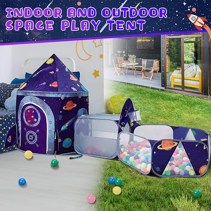 3pc Space Ship Kids Play Tent, Crawl Tunnel, Ball Pit for Toddlers, Indoor Outdoor Playhouse Castle Toys, Baby Boys Girls for 3 4 5 6 7 Years Old (Balls Not Included)