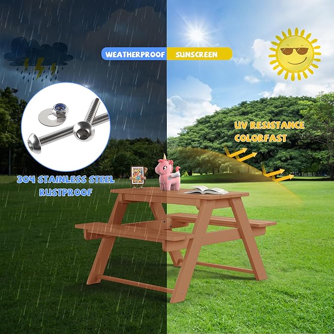 Costaelm Kids Picnic Table, HDPE All Weather Outdoor Toddler Picnic Table and Chair Set Kids Bench for Patio, Backyard, Garden, Lawn, Teak