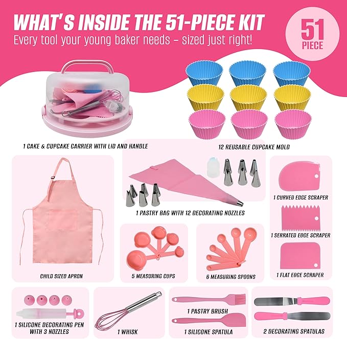 Perlli Kids Cake & Cupcake Baking Set – 51 Pieces Real Utensils & Decorating Kit with Carrier Safe Baking Supplies Gift for Junior Chefs Girls & Boys (Pink)