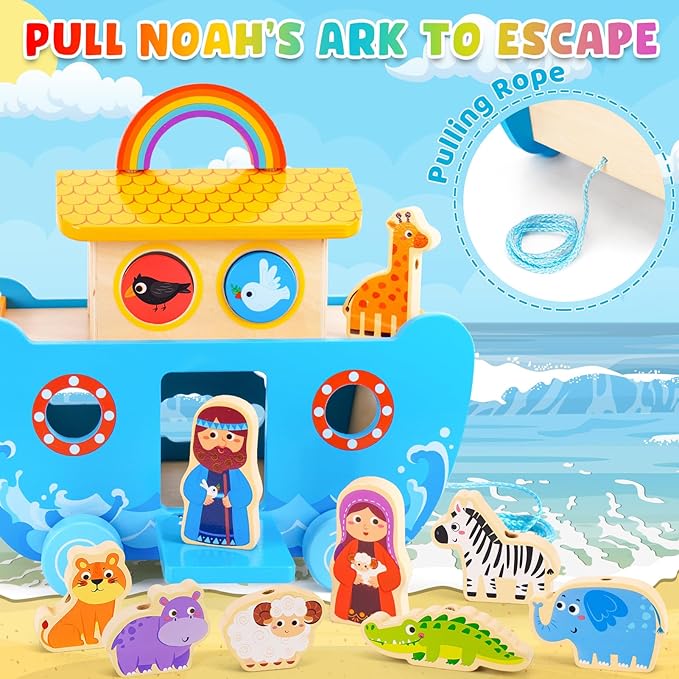 Toddlers Noah's Ark Toys with Wooden Animal Shape Sorters, Baptism Gifts for Girls Boys 2 3 4 Years Old, Montessori Educational Toys for Toddlers, Bible Story Book for Kids Ages 2-4