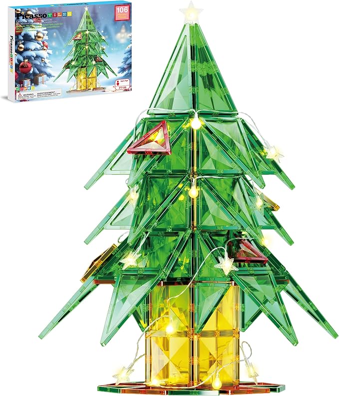 PicassoTiles 106pc Magnetic Tiles LED Light-Up Tree Toy Holiday STEM Toys for Kids Educational Magnet Building Blocks Gift for Toddlers Boys Girls Christmas Montessori Puzzle Play Set Ages 3+ PT106
