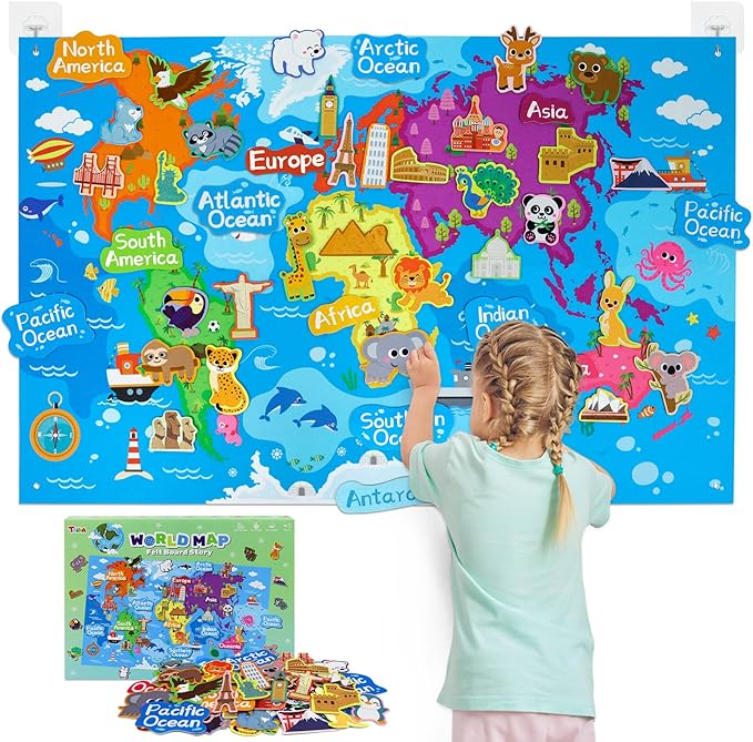 Taika World Felt Set, Felt World Map with World Famous Sights, Educational Play Mat Flannel Board Set, 43x28 inch Preschool Learning Flannel Board for 4+
