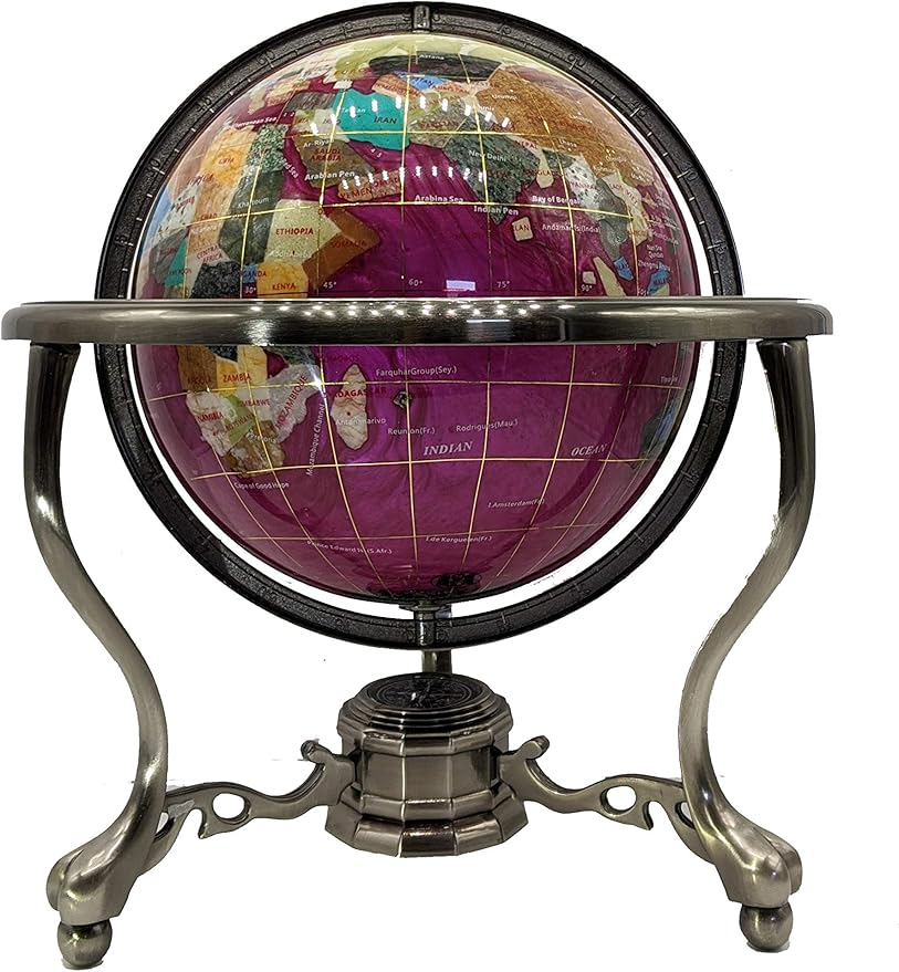 Limited Edition! Unique Art Since 1996 Pink Pearl Swirl Table Top Gemstone World Globe with Tripod Silver Zinc Alloy Stand (220MM/9 INCHES/PINK PEARL)
