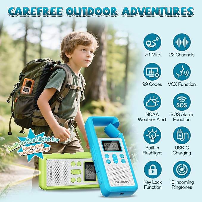 QUOLIX Walkie Talkies for Kids 3 Pack Rechargeable with SOS/NOAA/VOX Hands-Free, Durable Kids Walkie Talkies for 3-12 Year Old Boys Girls, Outdoor Backyard Camping Trio Family Fun Birthday Gifts