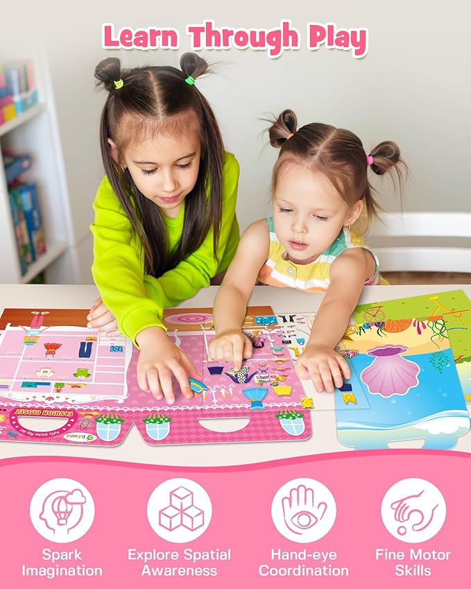 D-FantiX 3D Puffy Stickers for Toddlers 2-4 Years, Reusable Sticker Books for Girls Ages 4-8, Dress-Up, Princess, Mermaid, Pet, Car Road Trip Activities for Kids 3-5, Airplane Travel Essentials