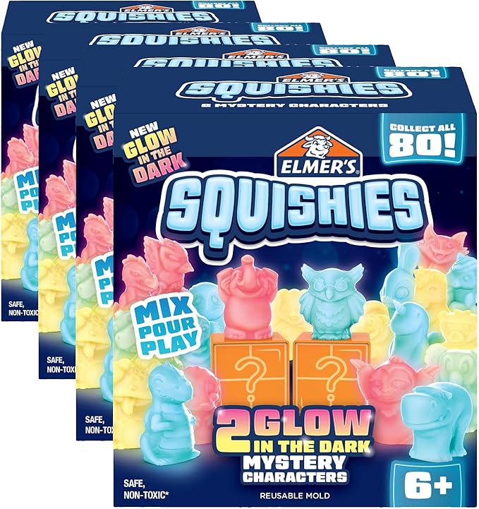 Elmer's Squishies Activity Kit Glow in the Dark | DIY Toy Creation | Mystery Characters | Ages 6+ | Creates 2 Characters, Pack of 4