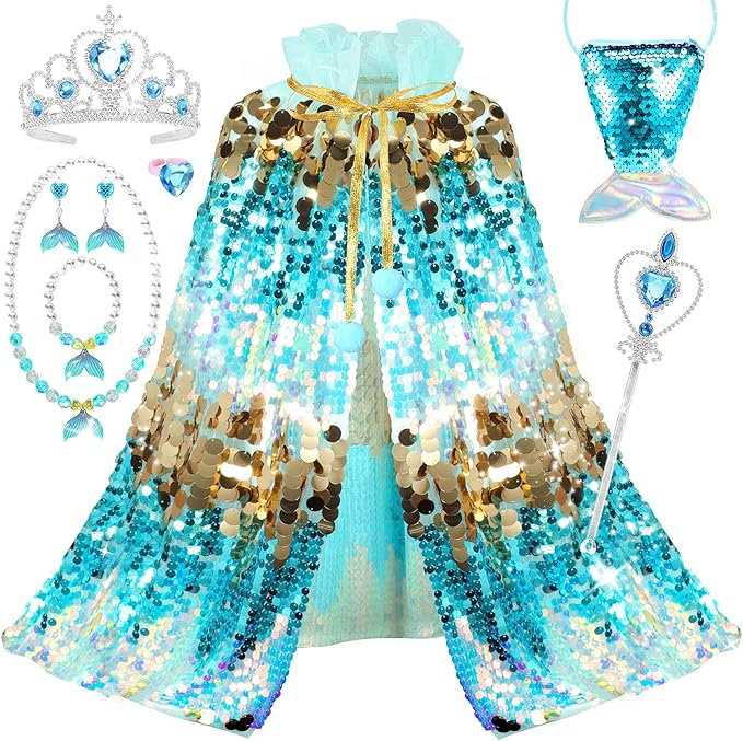 Princess Dress Up Toys Mermaid Dress Up Cape Kit 9 Pcs Gift Set for Little Girls 3-8 Years Old