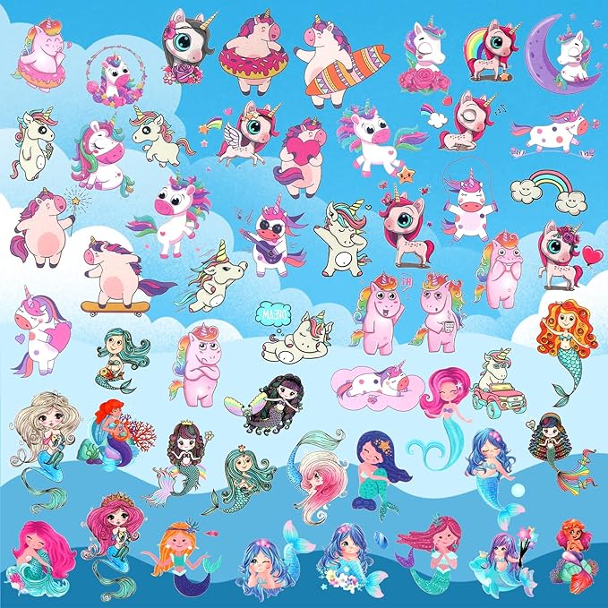 Waterproof Temporary Tattoos For Kids - 260 Pieces | Unicorns & Mermaids | Temporary Tattoo Sheets for Girls | Party Favor for Goody Bags | Non-toxic、Skin-Safe*、Cosmetic-Grade