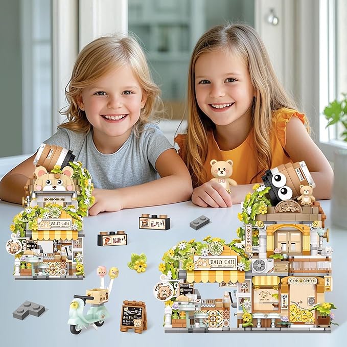 Creative Brick Box Street View-Coffee Shop Mini Building Toy Animals Interactive for Kids, Simulation Architecture Toy for Girls and Boys Ages 6+ - Gift Easter, Birthday, Christmas (1077 PCS)