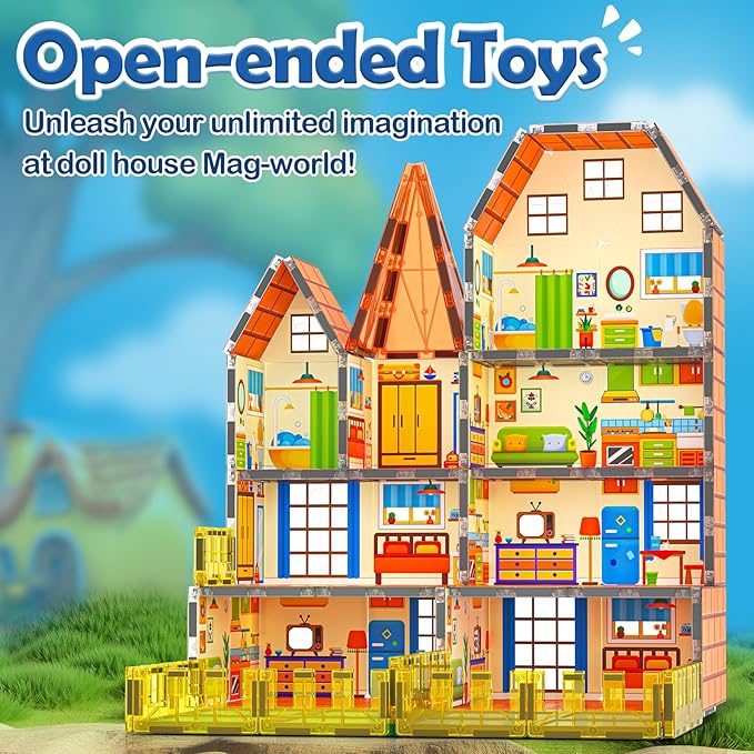 Magnetic Tiles-Doll House with Magnets for Kids Playhouse Tiles Edition Double Sided, Kids Toys Magnetic Blocks for Boys Girls Age 3-4 4-5 6-8, Stem Sensory Toy for Classroom Must Haves Building Toys