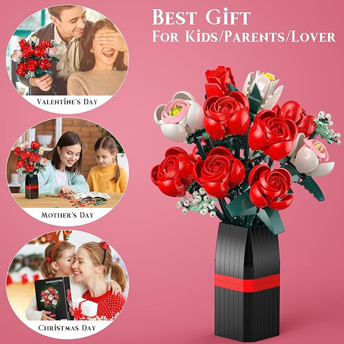 Flowers Bouquet Building Block, 841Pcs Roses Building Set with Vase, Home Office Creative Decoration, Valentine Day, Birthday, Christmas Ideal Gift for Kids, Adults