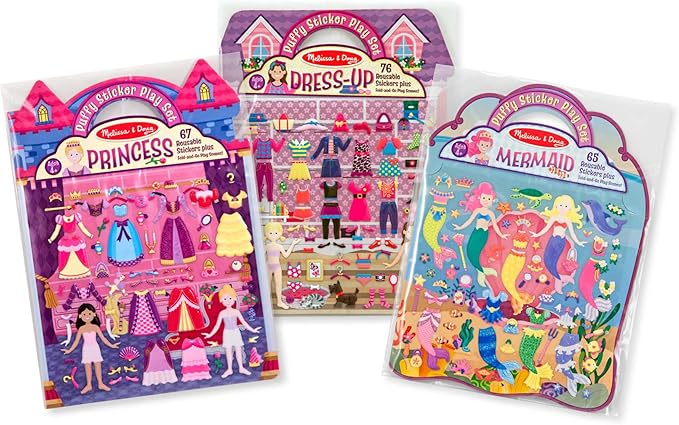 Melissa & Doug Puffy Sticker Activity Books Set of 3 – Dress-Up, Princess & Mermaid, with 208 Reusable Stickers and Fold-Out Scenes, Mess-Free Travel Toys for Kids Ages 4+ - FSC Certified