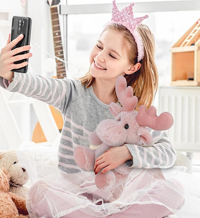 DolliBu Baby Pink Moose Stuffed Animal - Super Soft Stuffed Animals for Girls and Boys, Adorable Stuffed Wild Creatures for Kids and Cute Wild Animals Cuddle Stuffed Animals for Adults - 8.5 Inches