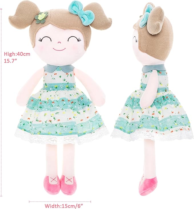 Gloveleya Baby Girl Gifts – Soft First Plush Doll with Gift Box, Spring Green Dress 16 Inch, Snuggly Birthday Present, for Toddler Girls