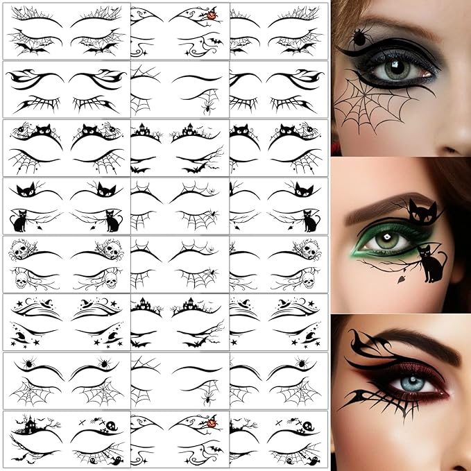 24pcs Halloween Face Temporary Tattoo, Upper & Lower Lash Designs Waterproof Fake Tattoos Stickers with Spooky Motifs for Men & Women Stage & Festive Looks & Cosplay Party Realistic Face Makeup