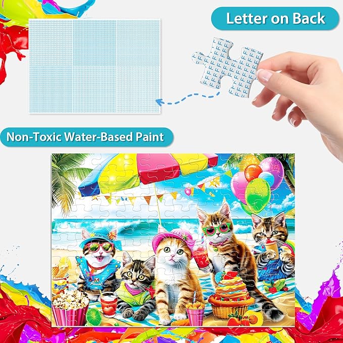 Puzzles for Kids Ages 4-8 6-8 8-10 Year Old and Seniors - Funny Cats Puzzle Beach Kitten Jigsaw Puzzles, 100 Piece Puzzle for Toddler Children Learning Educational Puzzles Toys for Boys and Girls