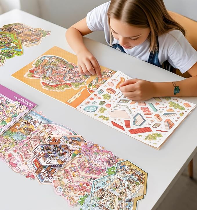 Sticker Book, 6 Sets DIY 3D House Stickers, Fun DIY Stickers Scene Make Your Own Mini House Cute Cartoon Animal Scene Sticker for Kids Adult Sticker Art Relief Stress Pass The Time
