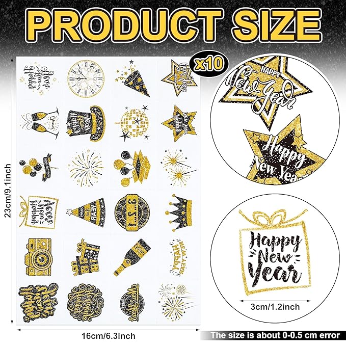 Landhoow 240 Pcs 2026 Happy New Year Tattoos Temporary Stickers Glitter New Year's Eve Face Tattoos Cool Body Sticker 2026 Themed Party Costume Accessory Tattoo Party Favor