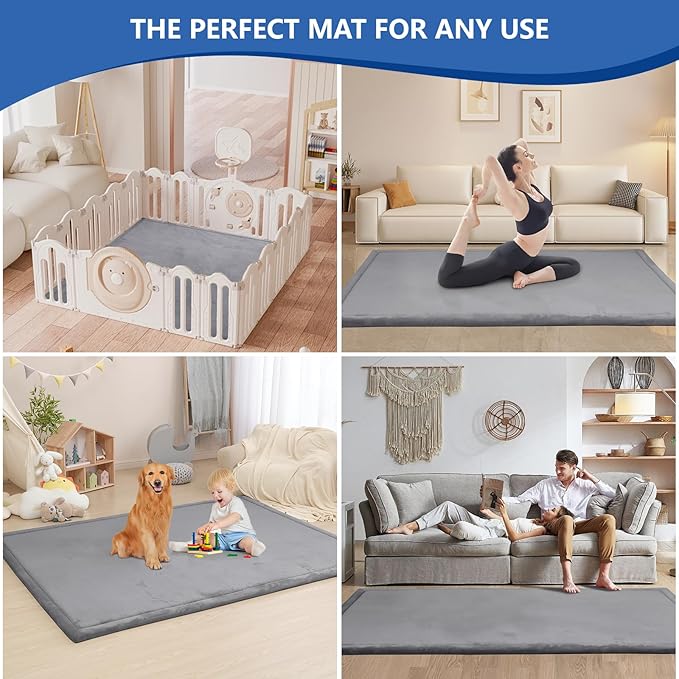 Baby Play Mat for Floor,1.3" Thick Memory foam Tummy Time Mat,Soft Coral Velvet Nursery Rug,Extra Large Non Slip Crawling Mats for Toddlers,Infants,kids,Yoga Mats & Tatami Style for Living Room(Dark Gray)