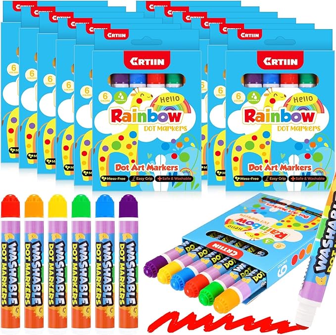 Crtiin 72 Pack Dot Markers Bulk, 6 Colors 12 Boxes Washable Dot Paint Markers for Kids Bingo Daubers Supplies Ideal for Activity Craft Kits Coloring Supplies Class Gift Art Party Favors