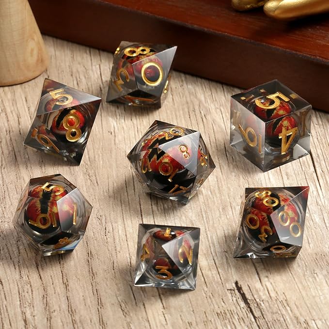 Resin Dragon Eye Dice Set,DNDND 7PCS Sharp Edge D&D Dice with Gorgeous Gift Case for Dungeons and Dragons Talbel Game (Red Dragon Eye)