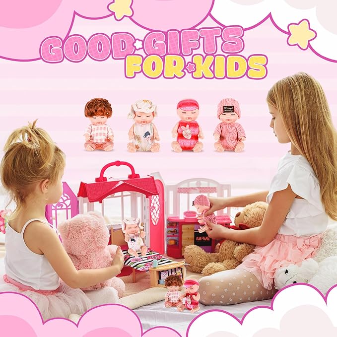 Hanaive 4 Pcs 4 Inch Mini Baby Dolls Lifelike Realistic Baby Dolls Animal Clothes Cute Tiny Gifts for Kids Birthday Party(Homey Style)