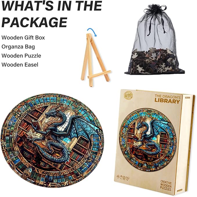 WOODBESTS Wooden Puzzles for Adults (505 Piece, XL, 17.3"x17.3") Dragon's Library Wood Puzzle Adult, Unique Wooden Animal Jigsaw Puzzles, Family Game and Birthday Gifts for Friend