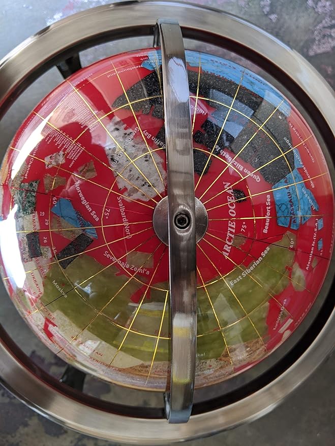 Limited Edition! Unique Art Since 1996 RED Table Top Gemstone World Globe with Tripod Silver Zinc Alloy Stand (220MM/9 INCHES/RED OCEAN)