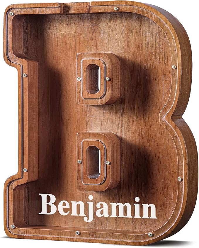Summidate Customized Name Extra Large Wooden Piggy Bank for Kids Boys Girls Alphabets Letter A-Z Coins Bills Money Change Saving Box (Laser Engraved) Educational Toys 12"- Letter B