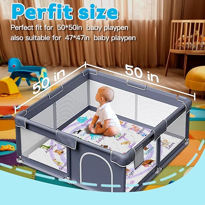 Baby Play Mat，Thick Soft 50" X 50" Playpen mat, Non-Slip and Machine Washable Baby Play Mats for Floor，Crawling Mat for Babies, Toddlers & Infants to Play and Learn (Purple Animal, 50" X 50")