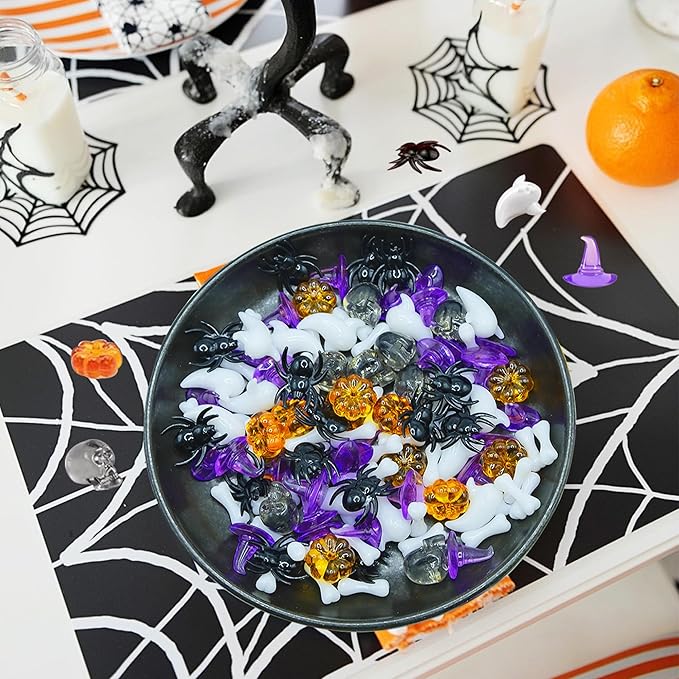120pcs Halloween Acrylic Sensory Bin Filler, Mini Acrylic Pumpkin Ghost Skull Spider Witch Hats Gems Table Scatter Vase Filler for Autumn DIY Crafts Home Centerpieces Table Decorations